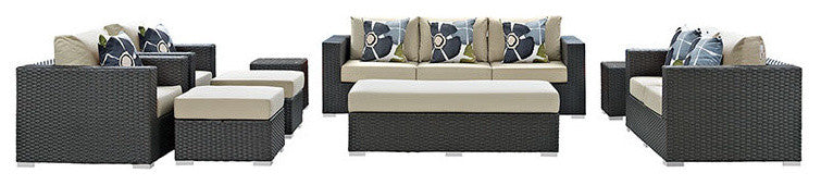 Canvas Antique Beige Sojourn 9-Piece Outdoor Patio Sunbrella Sectional Set