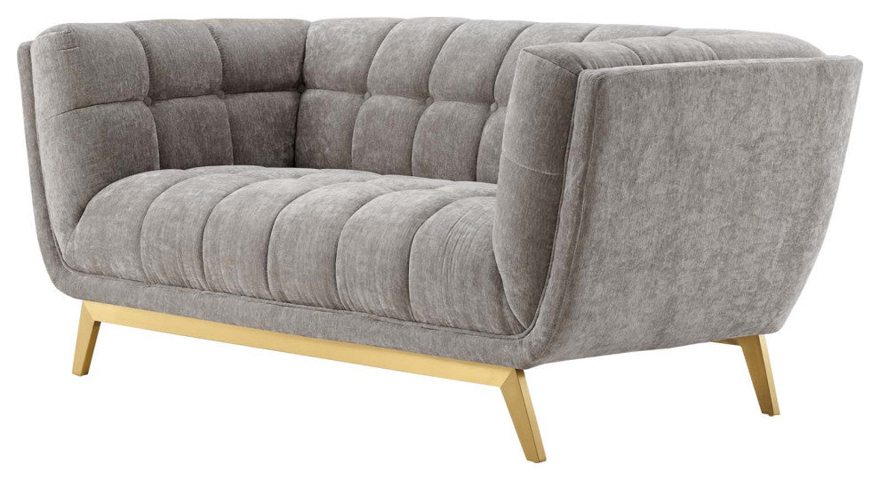 Loveseat Sofa, Velvet, Gray, Modern, Living Lounge Hotel Lobby Hospitality