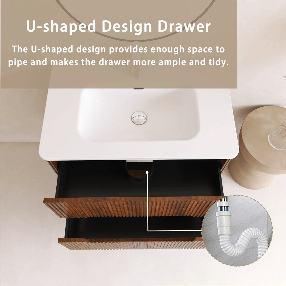 24 inch Wall-Mounted Bathroom Vanity Set with Ceramic Integrated Sink, Walnut