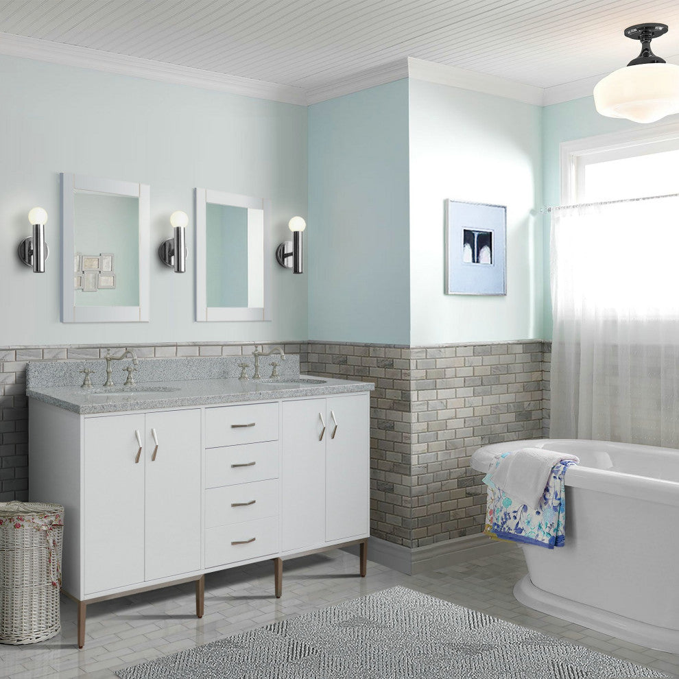 61" Double Sink Vanity, White Finish With Gray Granite And Oval Sink