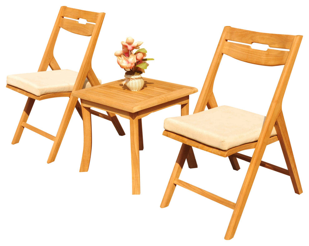 3-Piece Outdoor Patio Teak Dining Set: 18" Side Table, 2 Surf Folding Chairs