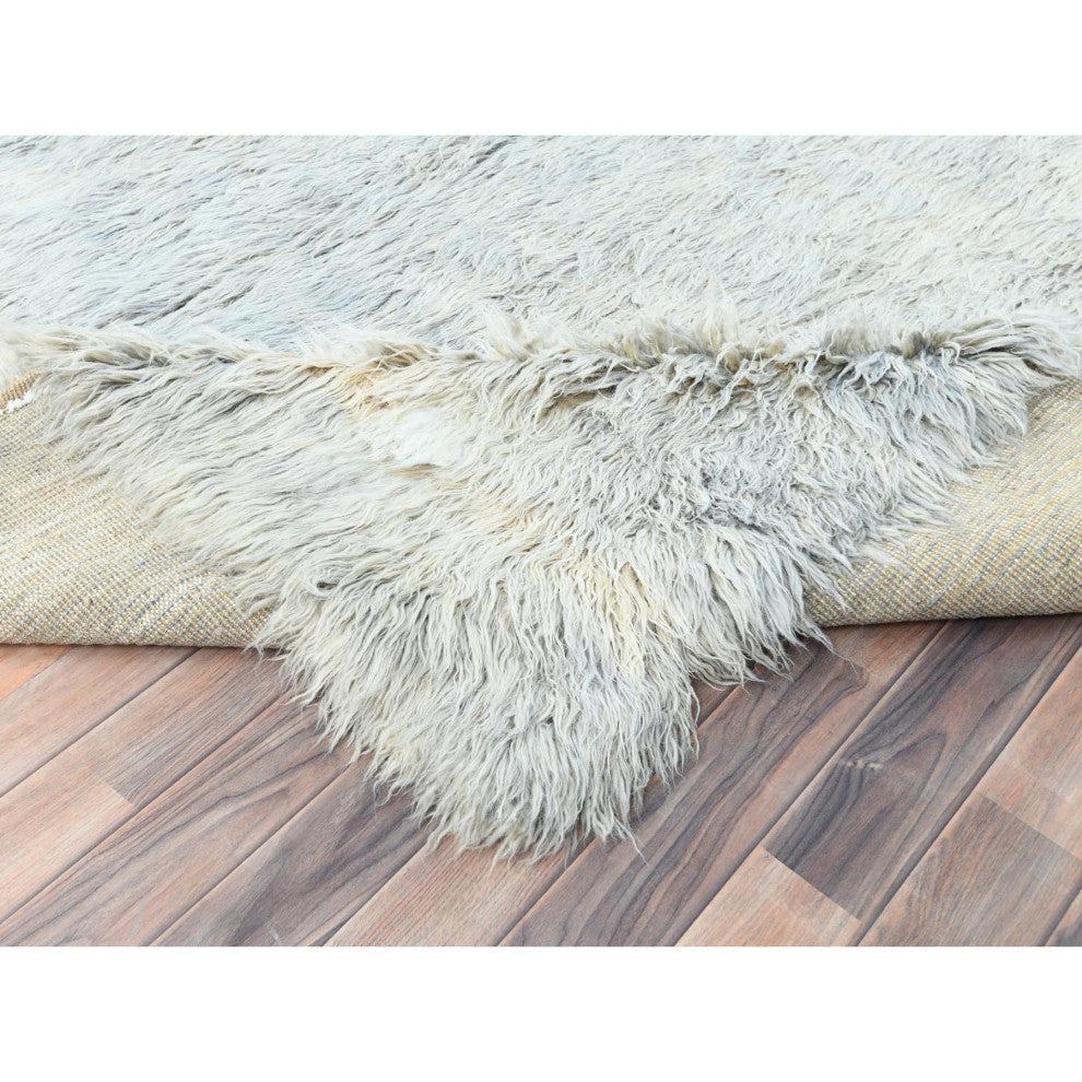 Blueish Gray, Shaggy Moroccan, Undyed Natural Wool Hand Knotted Rug, 8'0"x9'9"