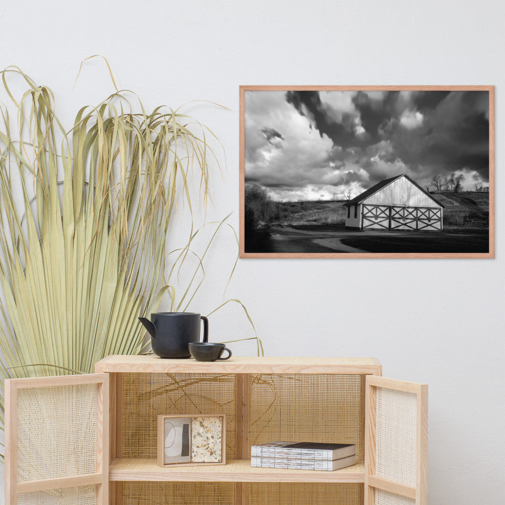Aging Barn Morning Sun in Black and White Framed Photo Paper Wall Art Prints, Red Oak, 24" X 36"