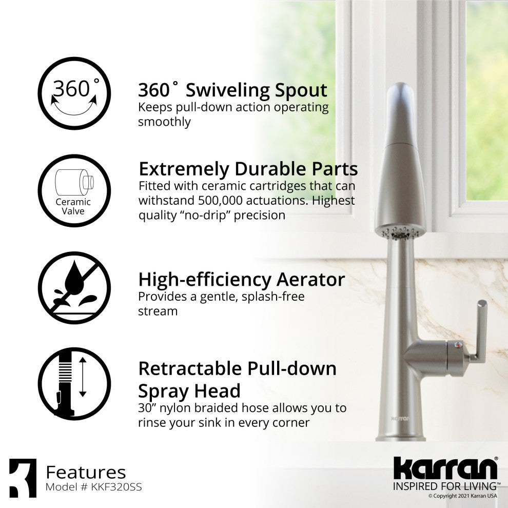 Karran KKF320 1-Handle Pull Down Dual Function Sprayer Faucet, Stainless Steel