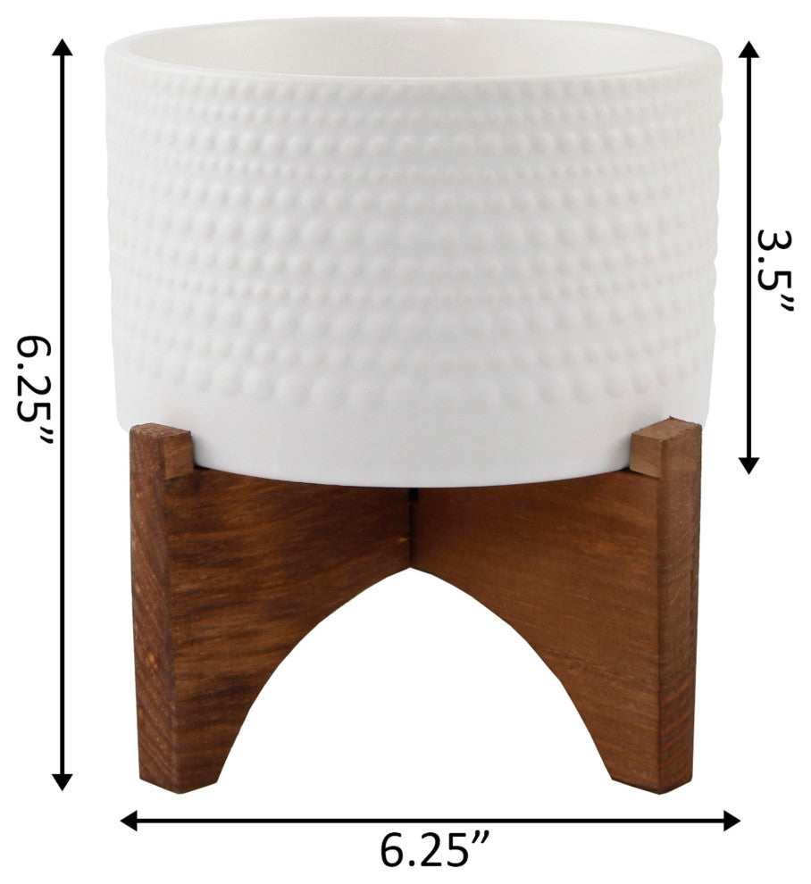 5"  Hobnail Ceramic Planter On Wood Stand, Matte White