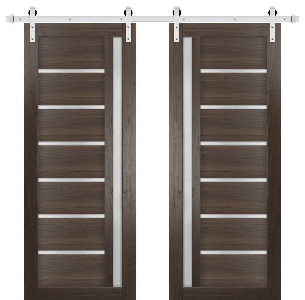 Double Barn Door 56 x 96 Frosted Glass, Quadro 4088 Chocolate Ash, Silver 13FT