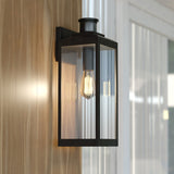 Kinzie Black Motion Sensor Dusk to Dawn Outdoor Wall Light Fixture Clear Glass, 6"wx17.5"hx7"d