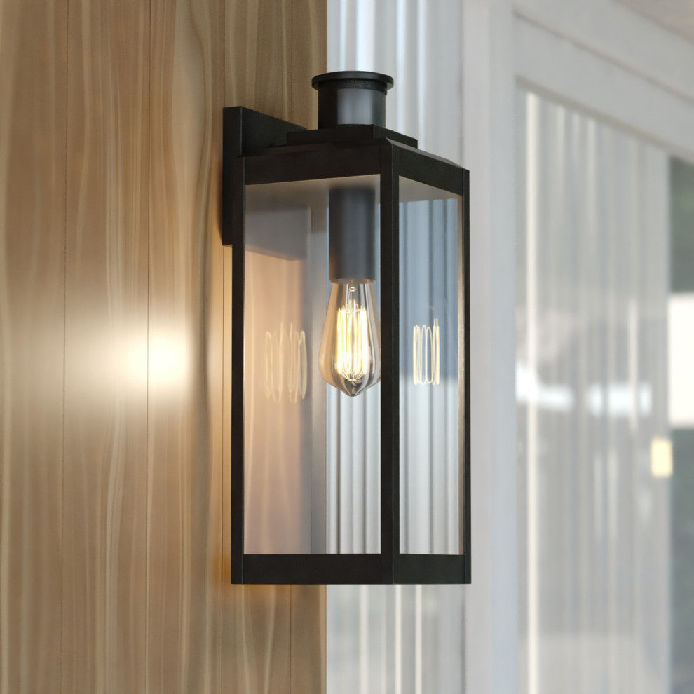 Kinzie Black Motion Sensor Dusk to Dawn Outdoor Wall Light Fixture Clear Glass, 6"wx17.5"hx7"d