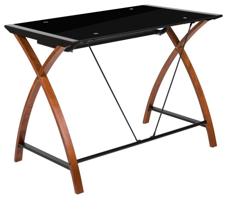 Black Glass Computer Desk with Pull-Out Keyboard Tray and Crisscross Frame