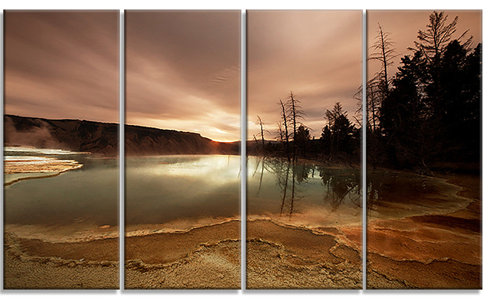 Mountain Lake under Cloudy Sky, African Landscape Canvas Art, 48"x28", 4 Panels