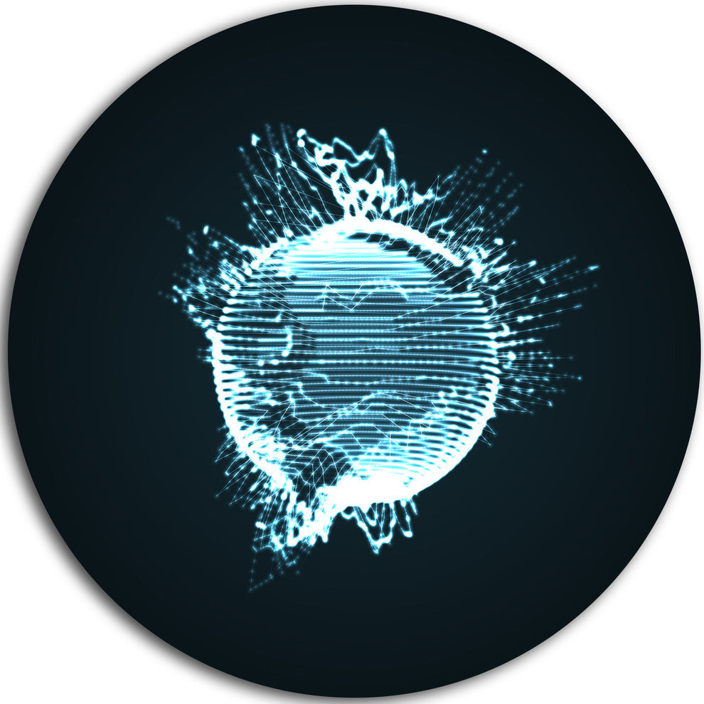 Glowing Blue 3D Sphere, Abstract Digital Art Disc Metal Artwork, 23"