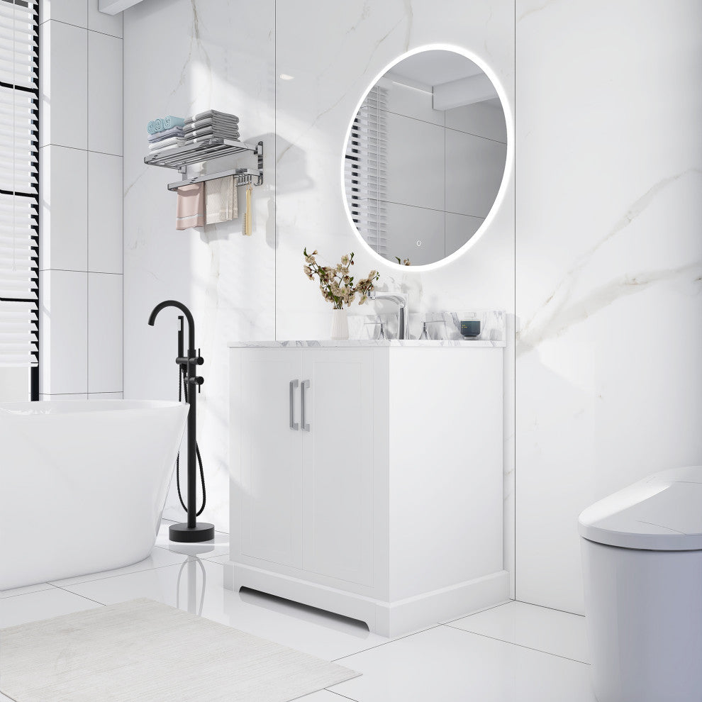 30" W x 22" D x 33" H Bath Vanity, White With Carrara White Marble