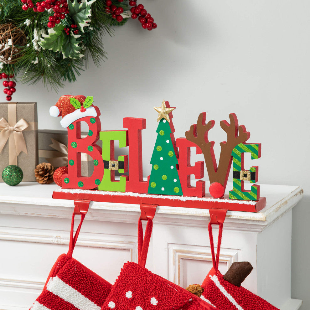 14.5"L Wooden/Metal "BELIEVE" Christmas Stocking Holder