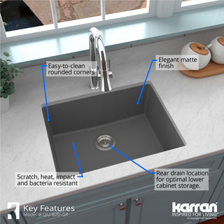 Karran QU-820 Undermount 24.38, Single Bowl Quartz Sink Kit, Grey