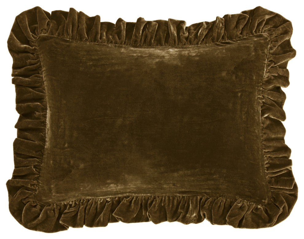 Stella Faux Silk Velvet Ruffled Dutch Euro Pillow, 27"x39", 1 Piece, Green Ochre