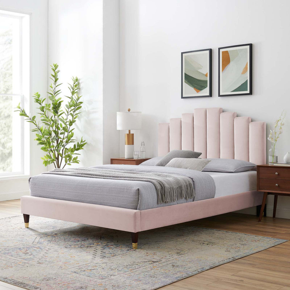 Platform Bed Frame, Full Size, Velvet, Pink, Modern Contemporary, Bedroom Master