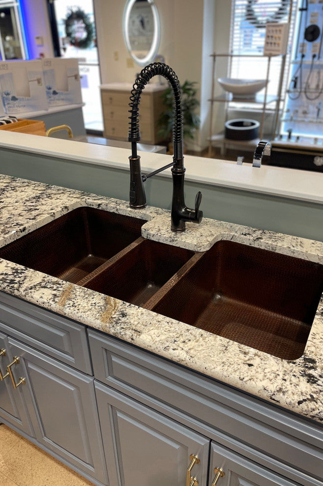 42" Hammered Copper Kitchen Apron Triple Basin Sink