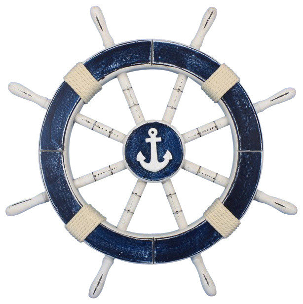 Rustic Decorative Ship Wheel With Anchor, Dark Blue, 18"
