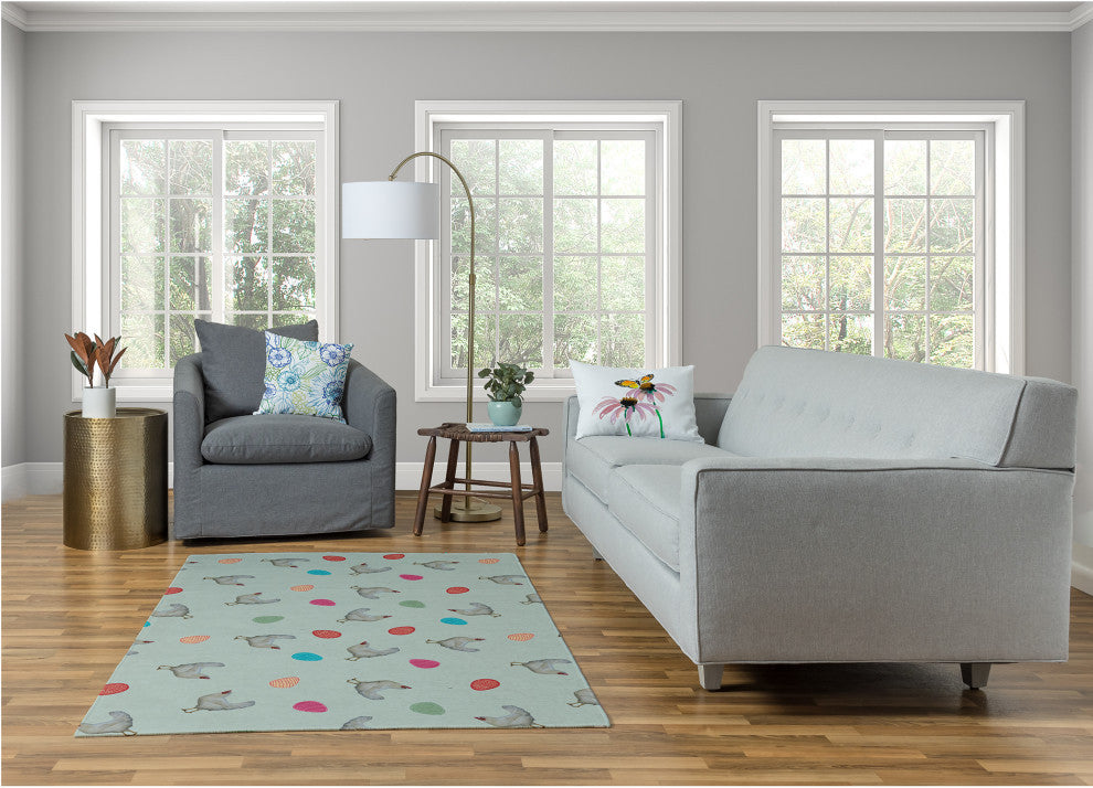 Chickens and Eggs Easter Chenille Rug, Breezeway Green, 4'x6'