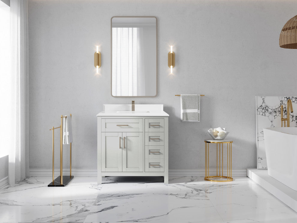 Cambridge 36 Center Sink Bath Vanity in Coventry Gray 1.5" White Quartz