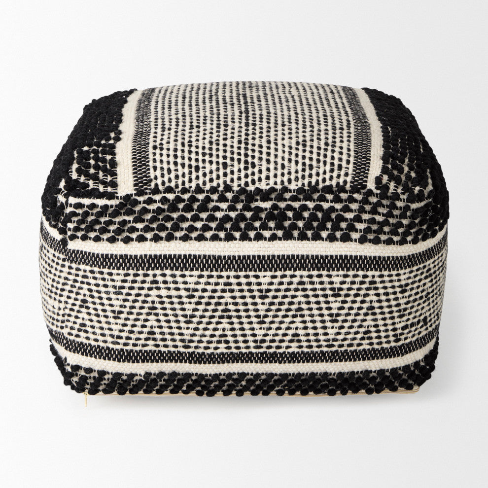 Garima 22Lx22Wx14H Black/White Wool and Cotton Patterned Pouf