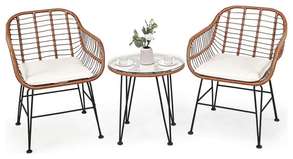 Costway 3PCS Patio Rattan Bistro Set Coffee Table Armchair Garden Beige Cushion
