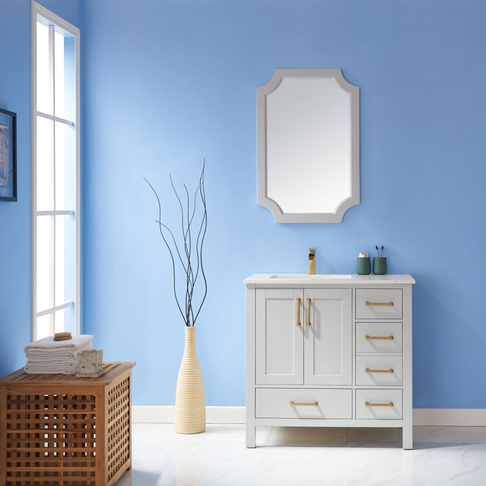 Grossetto 24" Irregular Farmhouse Bathroom/Vanity Framed Wall Mirror, Paris Grey