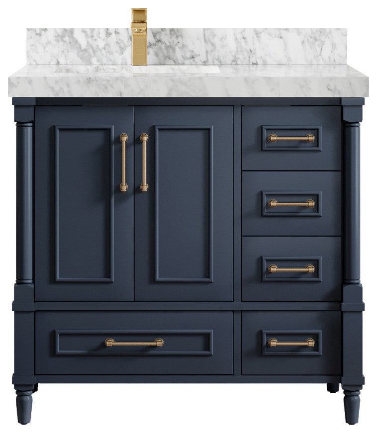 Aberdeen 36 Left Offset Bath Vanity in Hale Navy Blue  2" Carrara Marble