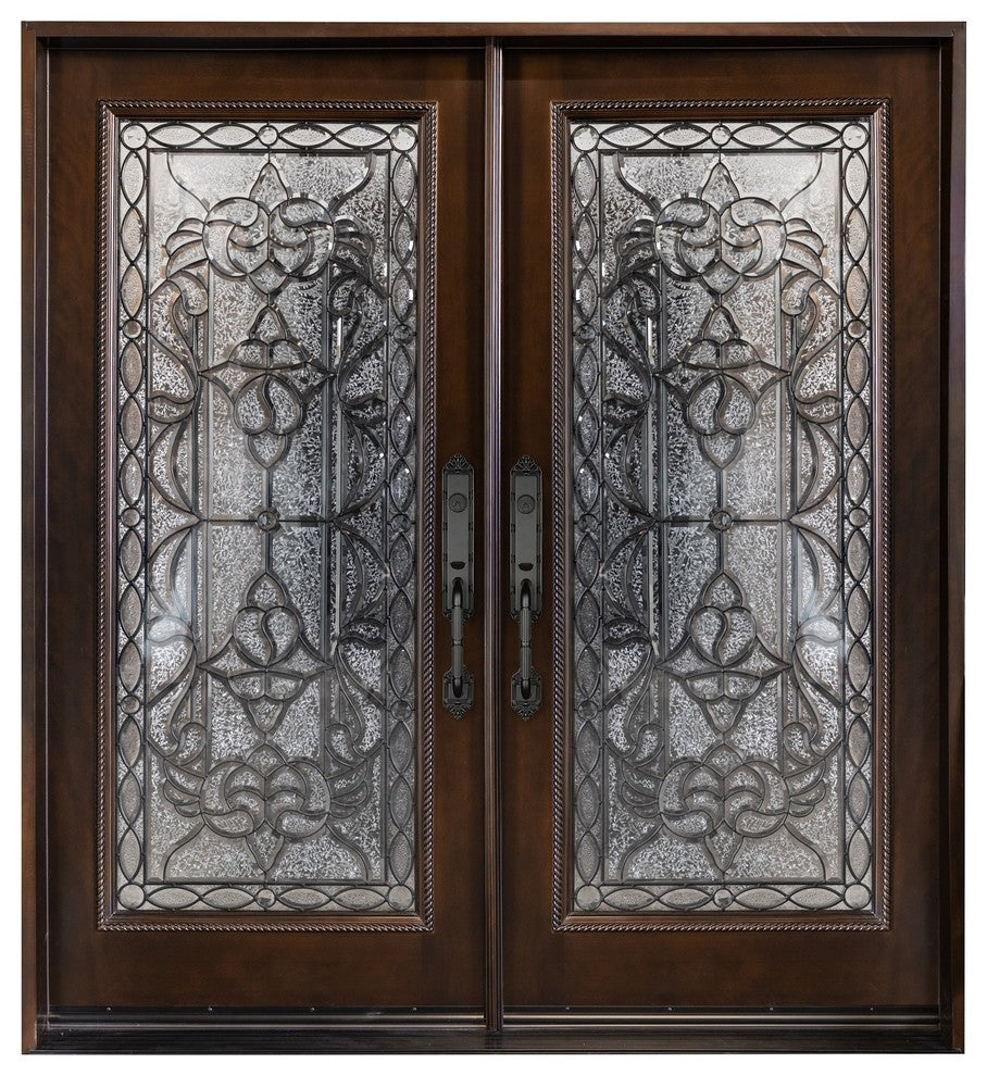 Front Exterior Entry Door, Wood Double Door 60" x 80" Prehung, Left Hand In-swing, Dark Mahogany Stain, Glass M577E30X30X80