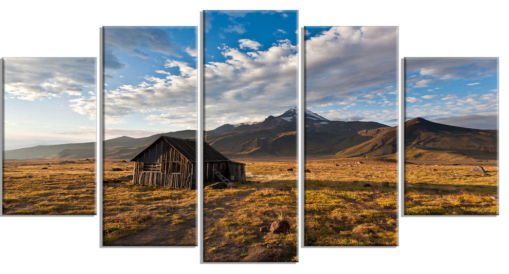 Old House on Kamchatka Island, Landscape Canvas Wall Art, 60"x32", 5 Panels