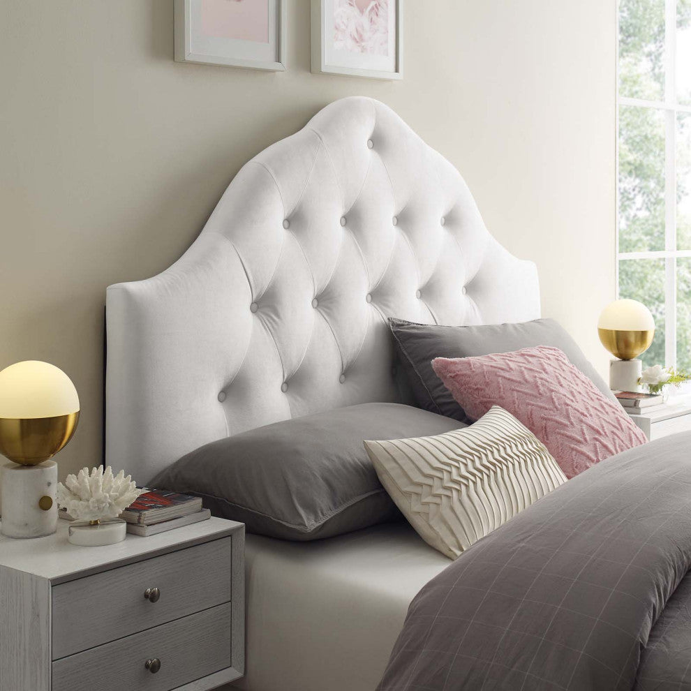 Contemporary Modern Bedroom Queen Size Tufted Headboard, Velvet Fabric, White