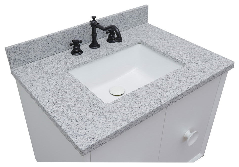 31" Single Wall Mount Vanity, White Finish With Gray Granite Top