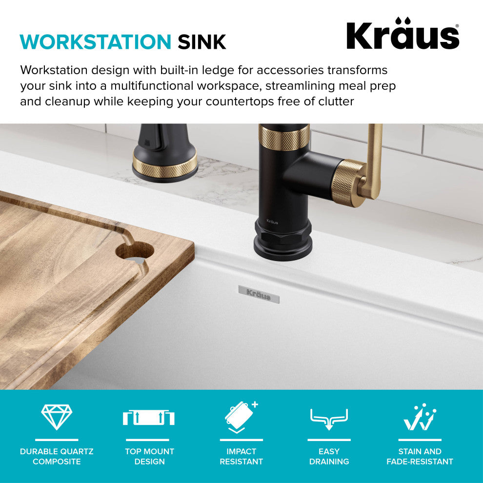 KRAUS Bellucci 33" Workstation Drop, Farmhouse Granite Kitchen Sink White