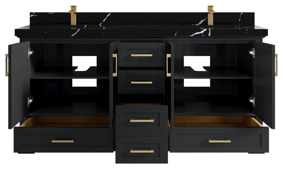 Boston 72" Double Sink Bath Vanity, Wrought Iron 2" Calacatta Black