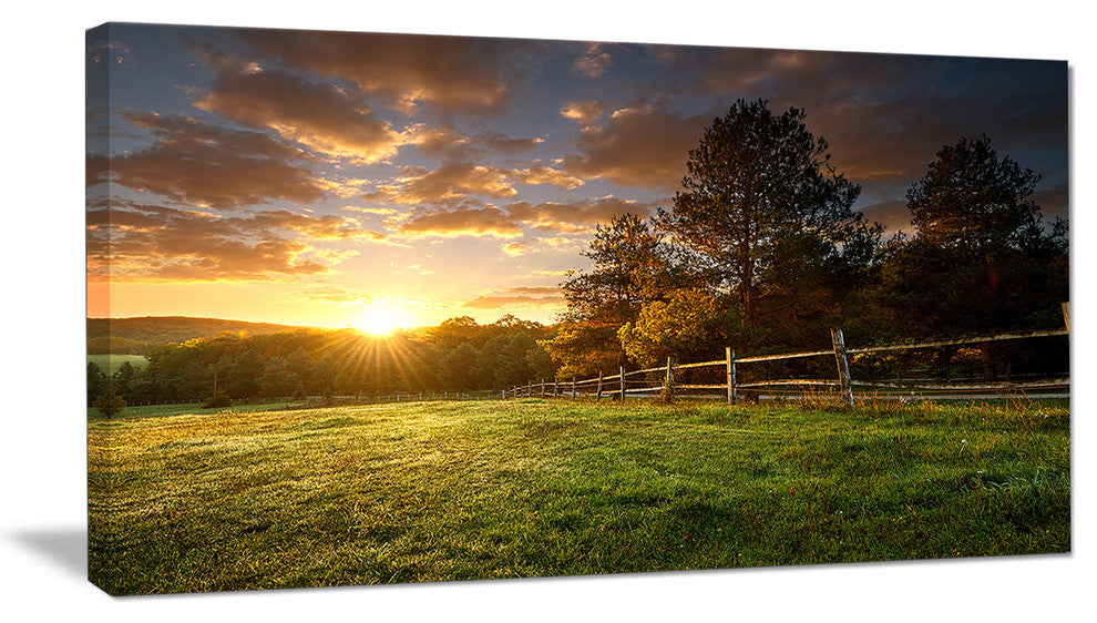 Fenced Ranch at Sunrise, Landscape Canvas Art Print, 32"x16"