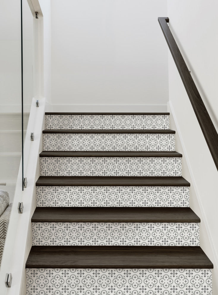 Flower Moroccan Tile Peel and Stick Stair Riser Strips, Grey, 48"w X 6"h, 6 Pack