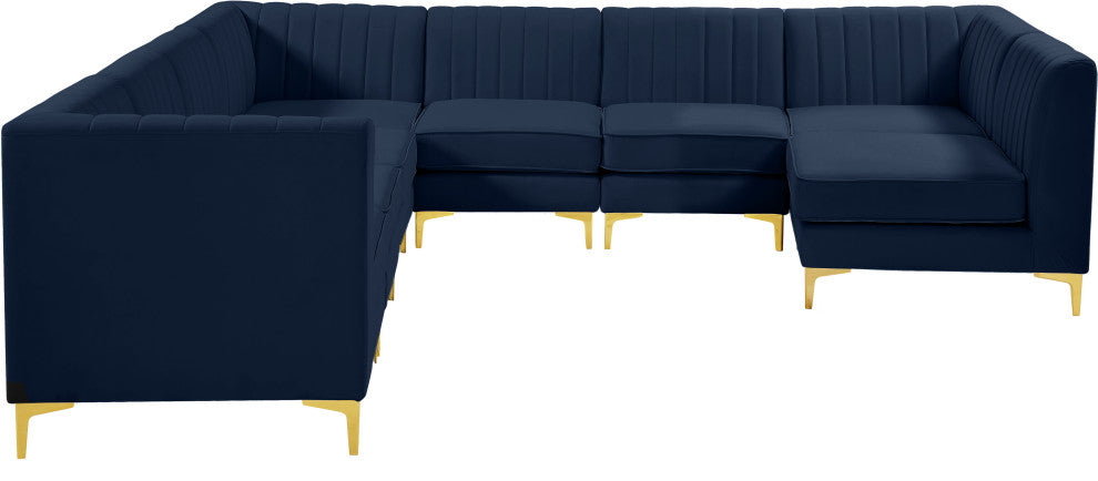 Alina Velvet Modular U-Shaped Sectional, Navy, 8-Piece: 5 Armless Chair, 3 Corner Chair