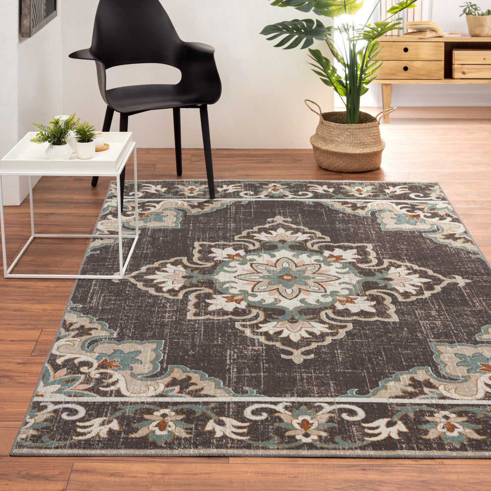 Rustic Transitional Medallion Woven Indoor Outdoor Rug, 5'3"x7'10"