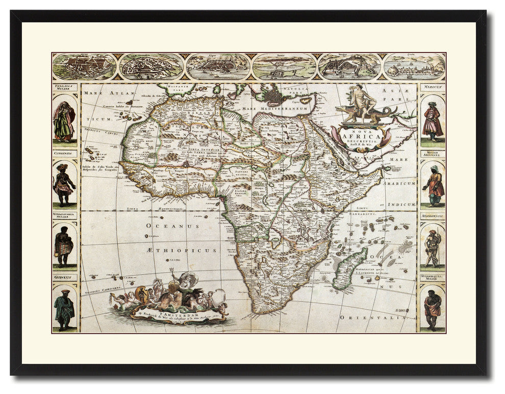 Africa Map Print On Canvas With Black Frame, 28" X 37"