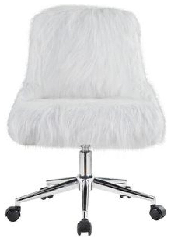 Benzara BM269063 Swivel Office Chair With Faux Fur Fabric, White and Chrome