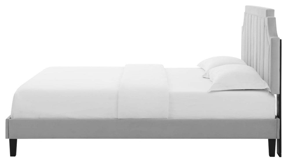 Platform Bed Frame, Full Size, Velvet, Light Grey Gray, Modern Contemporary