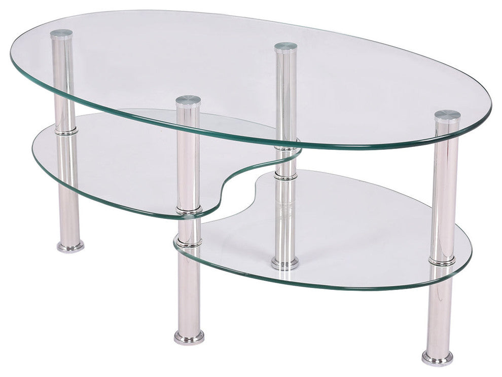 Costway Tempered Glass Oval Side Coffee Table Shelf Chrome Base Room Clear