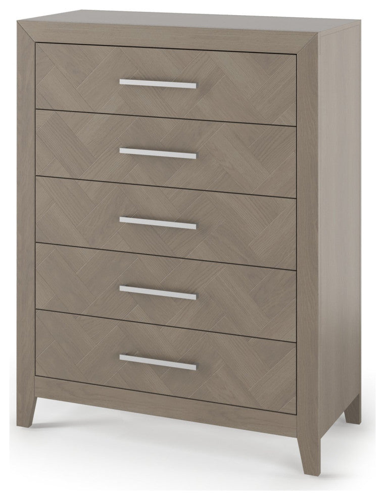 Modern Vertical Dresser, 5 Drawers With Elongated Metal Pulls, Crescent Gray