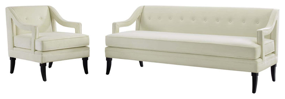 Armchair and Sofa Set, Set of 2, Velvet, Ivory White, Modern, Lounge Hospitality