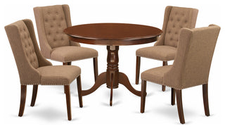 5Pc Dining Set, 1 Pedestal Table, 4 Light Sable Parson Chairs, Mahogany Finish