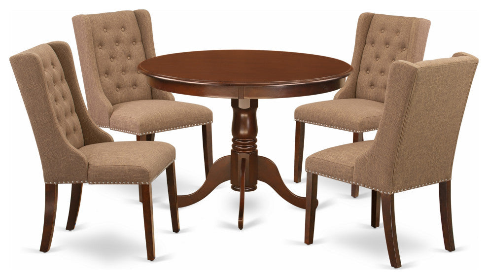 5Pc Dining Set, 1 Pedestal Table, 4 Light Sable Parson Chairs, Mahogany Finish