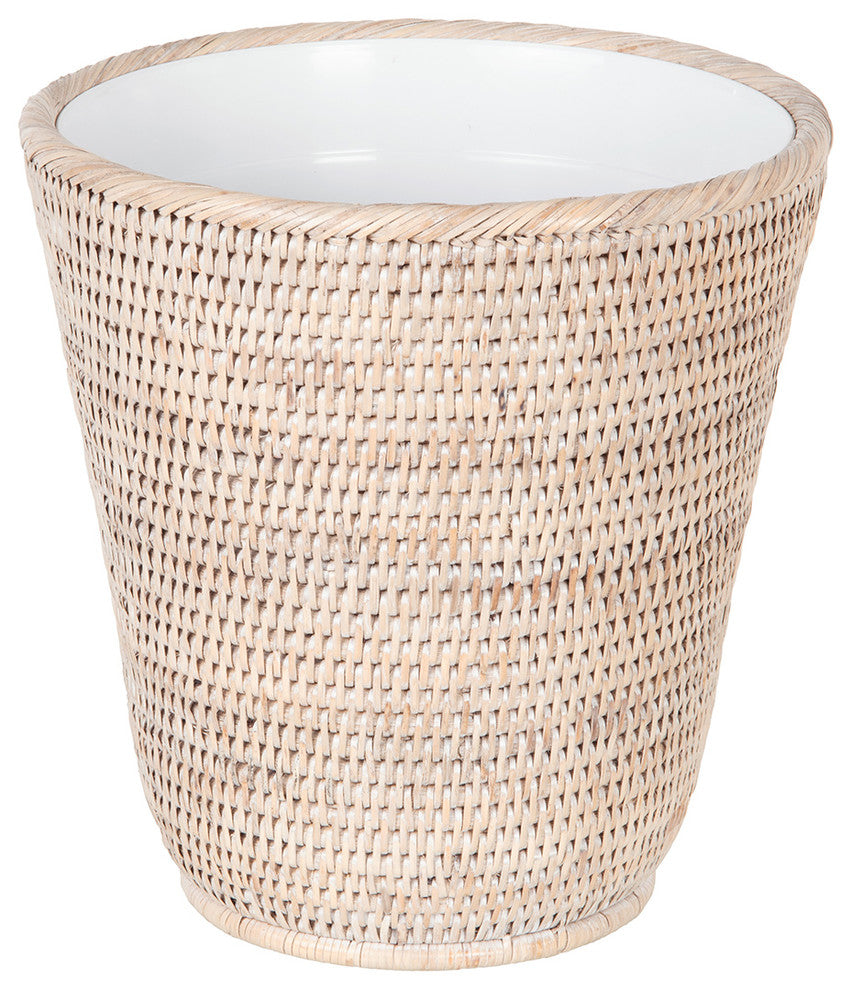 La Jolla Rattan Waste Basket With Plastic Insert, White Wash