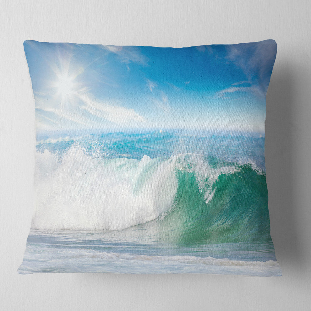 White and Blue Waves under Sun Seascape Throw Pillow, 16"x16"