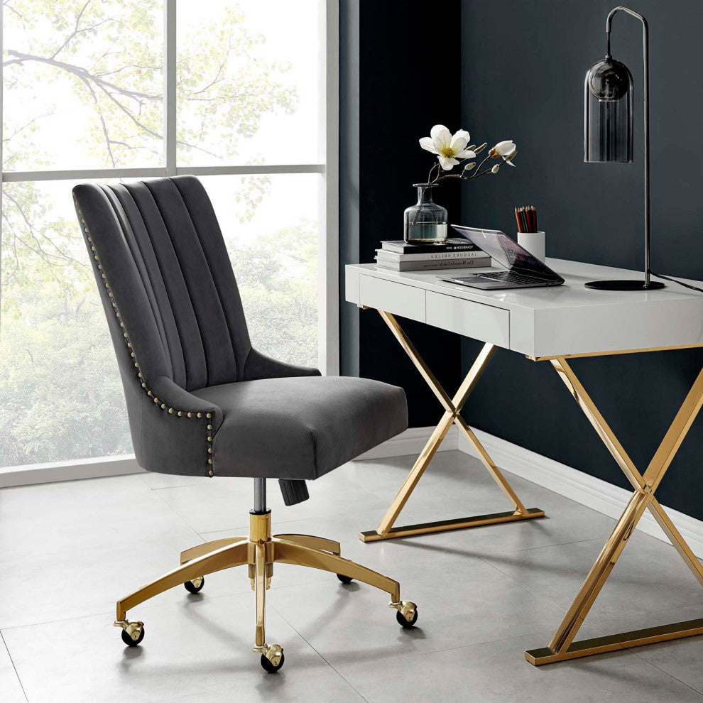 Computer Work Desk Tufted Chair, Velvet, Gold Gray, Home Business Office