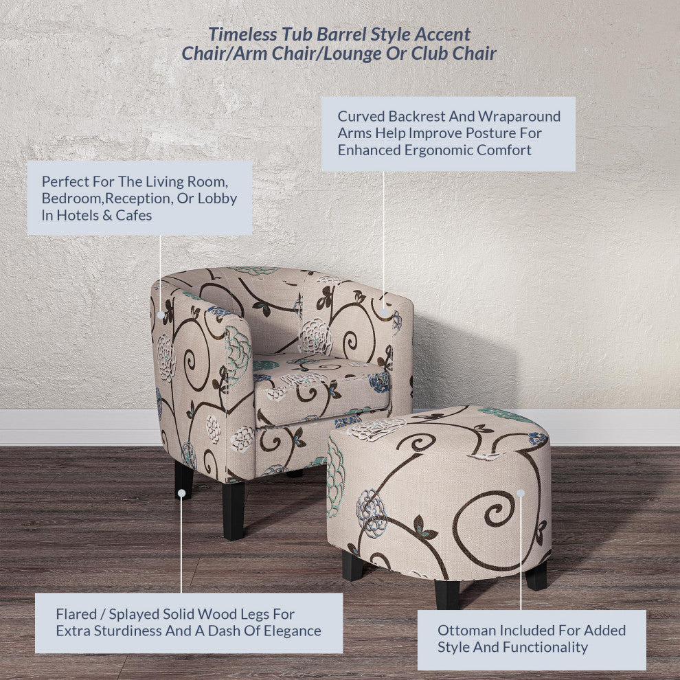 Accent Chair w/ Ottoman Round Arms Curved Back French Print Script,Beige Floral